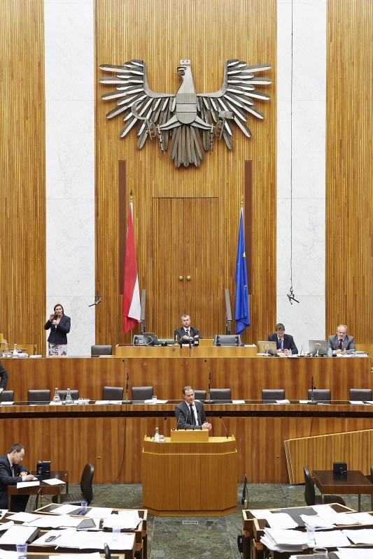 Nationalratsabgeordneter Johannes Jarolim (S) am Rednerpult. Am Präsidium Dritter Nationalratspräsident Norbert Hofer (F).