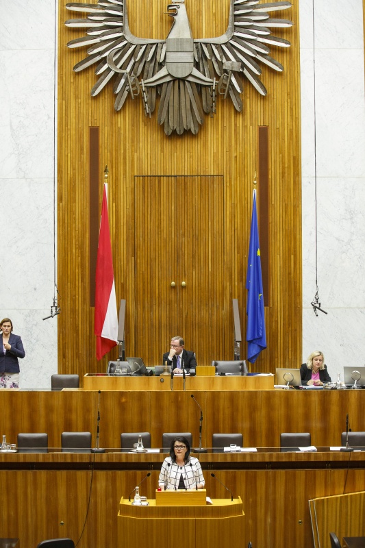 Nationalratsabgeordnete Elisabeth Pfurtscheller (V) am Rednerpult. Im Hintergrund auf der Regierungsbank Rechnungshofpräsident Josef Moser. Am Präsidium Zweiter Nationalratspräsident Karlheinz Kopf (V).