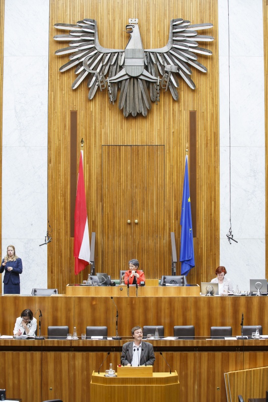 Nationalratsabgeordneter Wolfgang Pirklhuber (G) am Rednerpult. Im Hintergrund auf der Regierungsbank Innenministerin Johanna Mikl-Leitner (V). Am Präsidium Nationalratspräsidentin Barbara Prammer (S)
