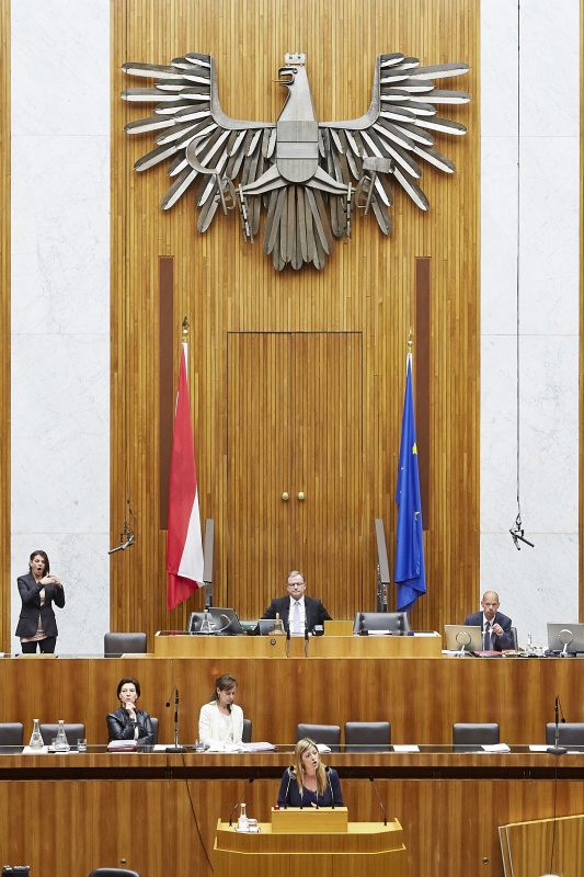 Nationalratsabgeordnete Katharina Kucharowits (S) am Rednerpult. Im Hintergrund auf der Regierungsbank Unterrichtsministerin Gabriele Heinisch-Hosek (S) und Familienministerin Sophie Karmasin (V). Am Präsidium Zweiter Nationalratspräsident Karlheinz Kopf (V)