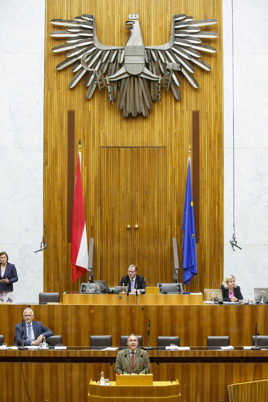 Nationalratsabgeordneter Walter Rosenkranz (F) am Rednerpult. Im Hintergrund auf der Regierungsbank Rechnungshofpräsident Josef Moser. Am Präsidium Zweiter Nationalratspräsident Karlheinz Kopf (V)