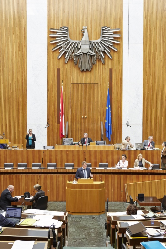 Nationalratsabgeordneter Manfred Hofinger (V) am Rednerpult. Im Hintergrund auf der Regierungsbank v.li.: Unterrichtsministerin Gabriele Heinisch-Hosek (S) und Staatssekretärin Sonja Steßl (S). Am Präsidium Dritter Nationalratspräsident Norbert Hofer (F)