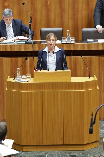 Nationalratsabgeordnete Beatrix Karl (V) am Rednerpult. Im Hintergrund auf der Regierungsbank Finanzminister Michael Spindelegger (V).