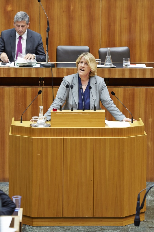 Nationalratsabgeordnete Ruperta Lichtenecker (G) am Rednerpult. Im Hintergrund auf der Regierungsbank Finanzminister Michael Spindelegger (V)