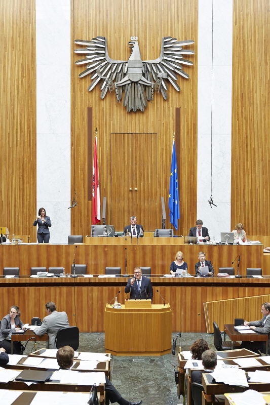 Nationalratsabgeordneter Christoph Matznetter (S) am Rednerpult. Auf der Regierungsbank Verkehrsministerin Doris Bures (S) und Kulturminister Josef Ostermayer (). Am Präsidium Dritter Nationalratspräsident Norbert Hofer (F)