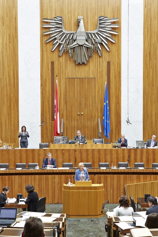 Nationalratsabgeordnete Angelika Rosa Mlinar (N) am Rednerpult. Auf der Regierungsbank Landwirtschaftsminister Andrä Rupprechter (V). Am Präsidium Zweiter Nationalratspräsident Karlheinz Kopf (V)