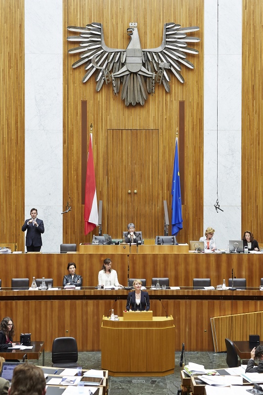 Klubobfrau Kathrin Nachbaur (T) am Rednerpult. Im Hintergrund auf der Regierungsbank Unterrichtsministerin Gabriele Heinisch-Hosek (S) und Familienministerin Sophie Karmasin (V). Am Präsidium Nationalratspräsidentin Barbara Prammer (S).