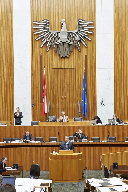 Nationalratsabgeordneter Josef Riemer (F) am Rednerpult. Auf der Regierungsbank Staatssekretär Jochen Danninger (V) und Kulturminister Josef Ostermayer (S). Am Präsidium Dritter Nationalratspräsident Norbert Hofer  (F)