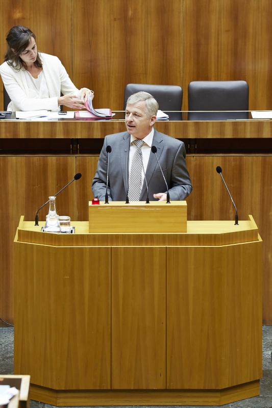 Nationalratsabgeordneter Nikolaus Prinz (V) am Rednerpult. Im Hintergrund auf der Regierungsbank Familienministerin Sophie Karmasin (V)
