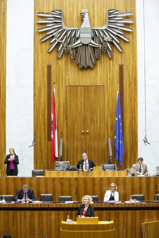 Nationalratsabgeordnete Karin Greiner (S) am Rednerpult.Auf der Regierungsbank v.li.: Landwirtschaftsminister Andrä Rupprechter (V) und Staatssekretärin Sonja Steßl (S). Am Präsidium Zweiter Nationalratspräsident Karlheinz Kopf (V).