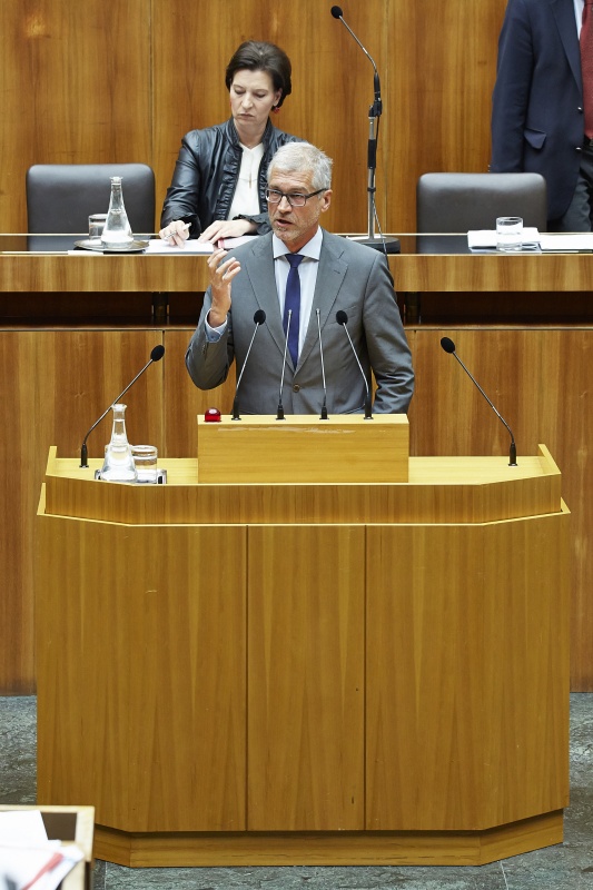 Nationalratsabgeordneter Harald Walser (G) am Rednerpult. Im Hintergrund auf der Regierungsbank Unterrichtsministerin Gabriele Heinisch-Hosek (S)