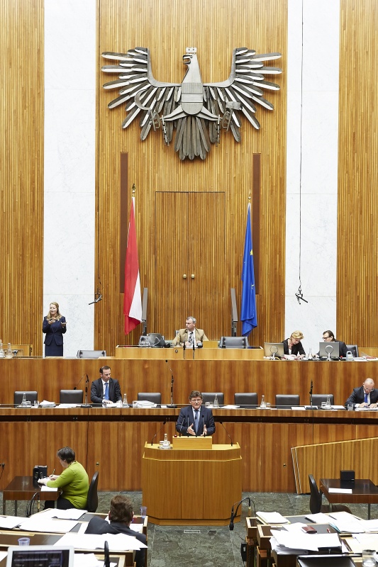 Nationalratsabgeordneter Rainer Wimmer (S) am Rednerpult. Im Hintergrund auf der Regierungsbank Staatssekretär Jochen Danninger (V). Am Präsidium Dritter Nationalratspräsident Norbert Hofer (F).
