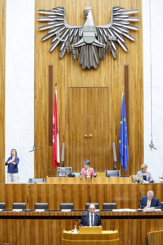 Nationalratsabgeordneter Johann Hechtl (S) am Rednerpult. Auf der Regierungsbank Sozialminister Rudolf Hundstorfer (S). Am Präsidium Nationalratspräsidentin Barbara Prammer (S).