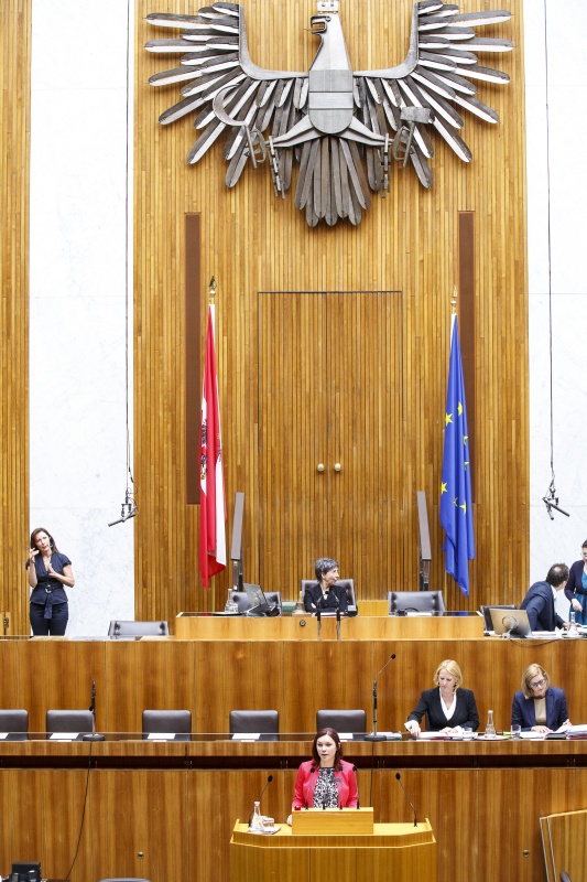 Nationalratsabgeordnete Eva-Maria Himmelbauer (V) am Rednerpult. Auf der Regierungsbank Verkehrsministerin Doris Bures (S) und Staatssekretärin Sonja Steßl (S). Am Präsidium Nationalratspräsidentin Barbara Prammer (S)