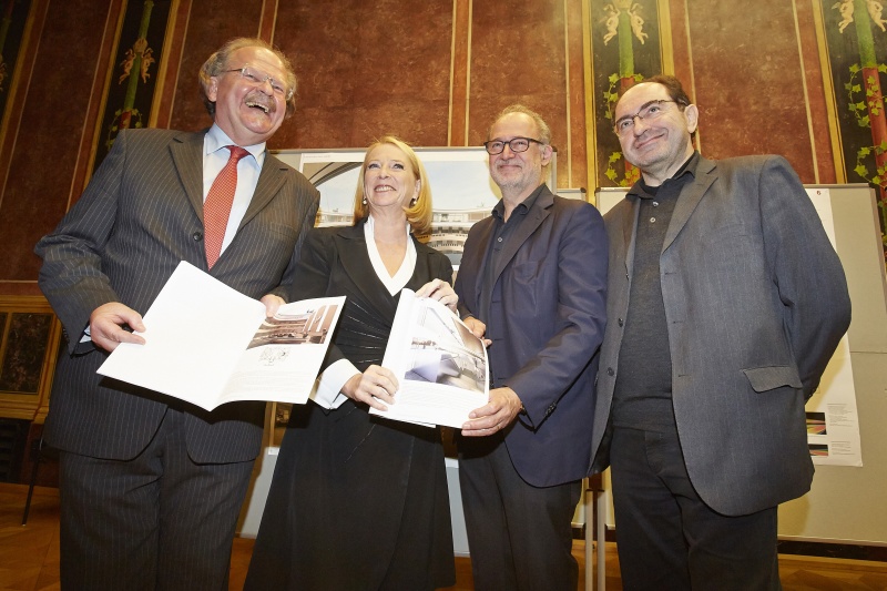 v.li.: Zivilingenieur Ortfried Friedreich, Nationalratspräsidentin Doris Bures, die Architekten Andras Palffy und Christian Jabornegg
