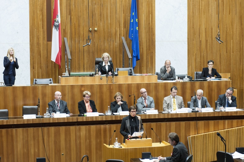 Am Rednerpult Richterin am EUGH für Menschenrechte Elisabeth Steiner. Am Präsidium Vorsitzende der Enquete-Kommission Gertrude Aubauer. Auf der Regierungsbank v.li.:  Mitglied der europäishen Ethik Kommission Günter Wirt, Präsidentin des Dachverbandes Hospiz Österreich Waltraud Klasnic, Mitglied der Bioethikkommission beim BKA Maria Kletecka-Pulker, Präsident der österreichischen Palliativgesellschaft Harald Retschitzegger, Leiter des Nationalratsdienstes Gottfried Michalitsch, Caritas-Präsident Österreich Michael Landau und Direktor der Diakonie Österreich Michael Chalupka