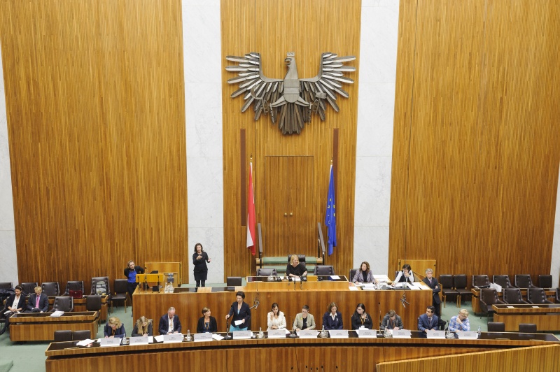 Am Präsidium Nationalratspräsidentin Doris Bures (S). Regierungsbank v.li.: SOS-Kinderdorf Elisabeth Hausner, Kinder- und Jugendanwältin Wien Monika Pinterits, Österreichisches Institut für Familienforschung Olaf Kapella, Kinder- und Jugendanwältin Salzburg Andrea Holz-Dahrenstädt, Unterrichtsministerin Gabriele Heinisch-Hosek (S), Familienministerin Sophie Karmasin (V), Vorsitzende der Bundesjugendvertretung Johanna Tradinik, UN-Kinderrechtsausschuss Renate Winter, Michaela Felbauer, Sebastian Merten, Mustafa Noori und Benjamin Kaspar