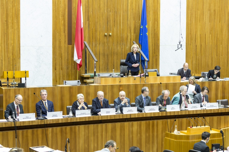 Am Präsidium Nationalratsabgeordnete Gertrude Aubauer (V) bei der Begrüßung.  Auf der Regierungsbank v.li.: Vizepräsident Dachverband Hospiz Österreich Karl Bitschnau, Leiter der Klinischen Abt. für Palliativmedizin AKH Wien Herbert Watzke, Fachärztin für Innere Medizin Elisabeth Pittermann-Höcker, Präsident Österreichischer Seniorenrat Andreas Khol, Vizepräsident Österreichischer Seniorenrat Rudolf Edlinger, Ärztlicher Leiter CS Hospiz Rennweg Karlheinz Wiesinger, Direktor St. Virgil Salzburg Peter Braun, Generalsekretärin Österreichische Arbeitsgemeinschaft für Rehabilitation Eringard Kaufmann und Präsident Bundesverband der Alten- und Pflegeheime Österreich Markus Mattersberger