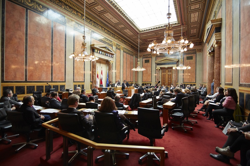 Direktor Berufsschule Villach Walter Werner am Rednerpult. Blick Richtung EnqueteteilnehmerInnen.