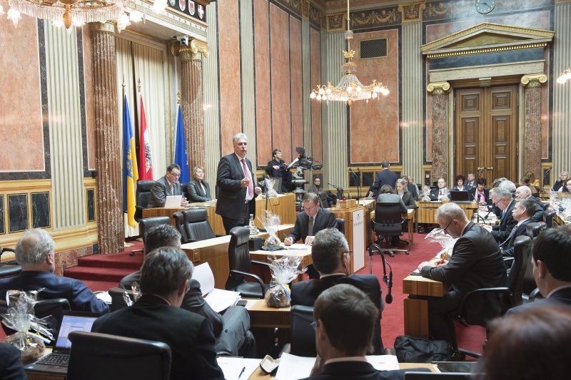 Finanzminister Hans-Jörg Schelling (V) gibt eine Erklärung zum Thema 'Finanzausgleich' ab. Blick in Richtung Bundesratsmitglieder