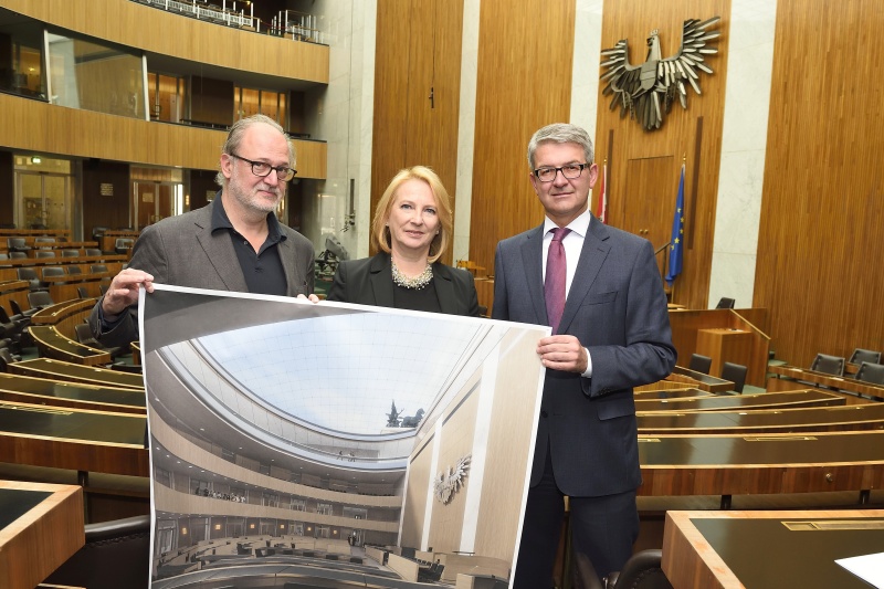 v.re.: Architekt Andras Palffy, Nationalratspräsidentin Doris Bures (S) und Geschäftsführer der Projektgesellschaft Parlamentsvizedirektor Alexis Wintoniak 