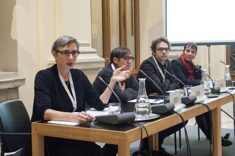 Panel 5: Podium v.li.: Universität Wien Kathrin Braun (am Wort), Brigitte Bailer, Nicolas Bechter und Karin Liebhart