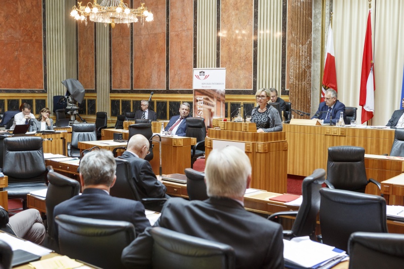 Bundesrätin Adelheid Ebner (S) am Rednerpult. Blick Richtung SitzungsteilnehmerInnen