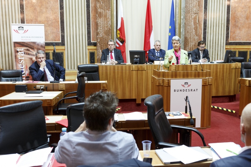 Bundesrätin Heidelinde Reiter (G) am Rednerpult. Blick Richtung SitzungsteilnehmerInnen