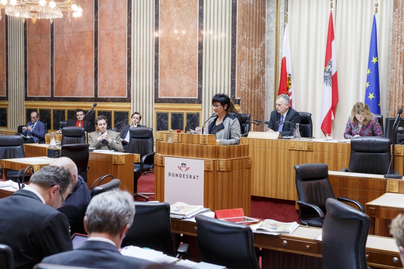 Bundesrätin Marianne Hackl (V) am Rednerpult, Blick Richtung VeranstaltungsteilnehmerInnen