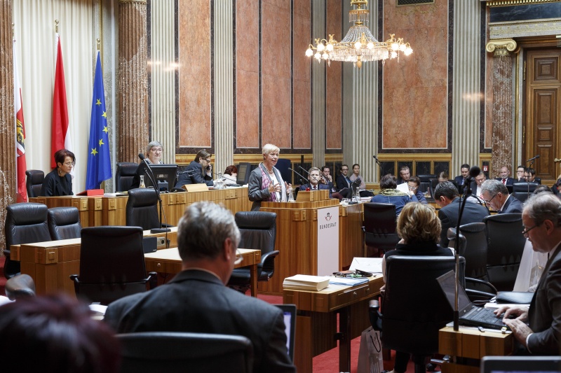 Bundesrätin Monika Mühlwert (F) am Rednerpult. Blick Richtung VeranstaltungsteilnehmerInnen