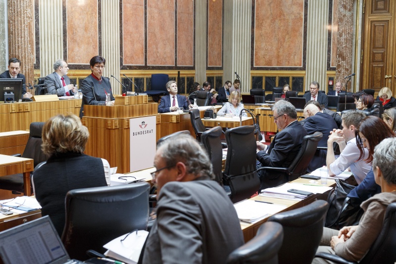 Bundesrätin Rosa Ecker (F) am Rednerpult, Blick Richtung VeranstaltungsteilnehmerInnen