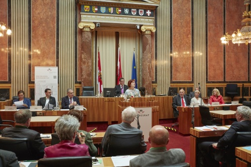 Bundesratsdirektorin Susanne Bachmann erklärt den Ablauf des Seniorenparlaments. Blick Richtung VeranstaltungsteilnehmerInnen