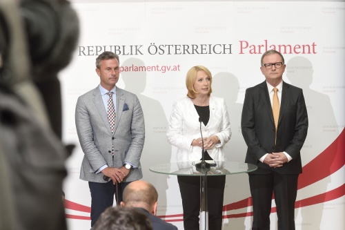 Von links: Dritter Nationalratspräsident Norbert Hofer (F), Nationalratspräsidentin Doris Bures (S), Zweiter Nationalratspräsident Karlheinz Kopf (V)