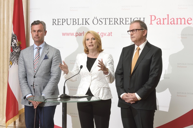 Von links: Dritter Nationalratspräsident Norbert Hofer (F), Nationalratspräsidentin Doris Bures (S), Zweiter Nationalratspräsident Karlheinz Kopf (V)