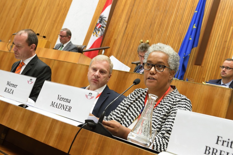 Auf der Regierungsbank von links: Jörg Wojahn, Europäische Kommission, Werner Raza, ÖFSE, Verena Madner, WU-Wien