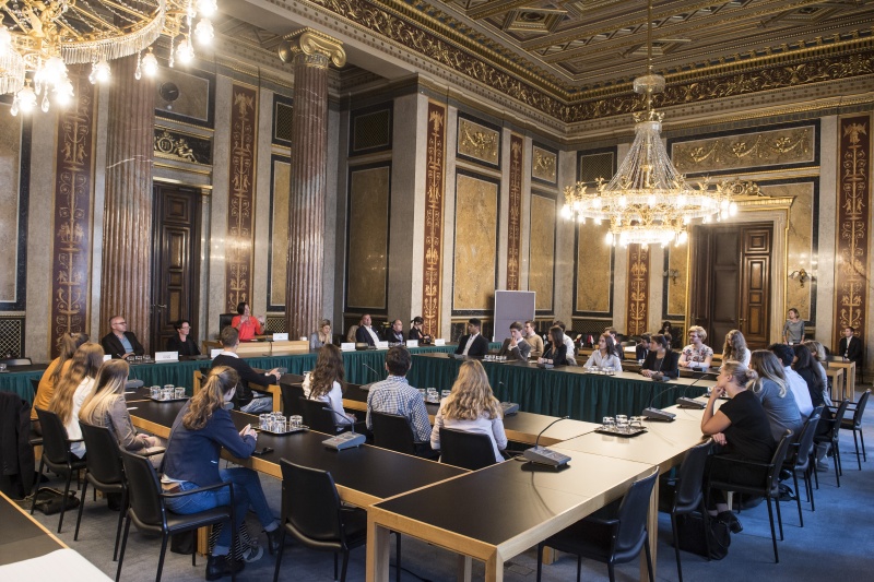 Blick Richtung VeranstaltungsteilnehmerInnen mit Natinalratsabgeordneter Petra Bayrs (S) am Präsidium