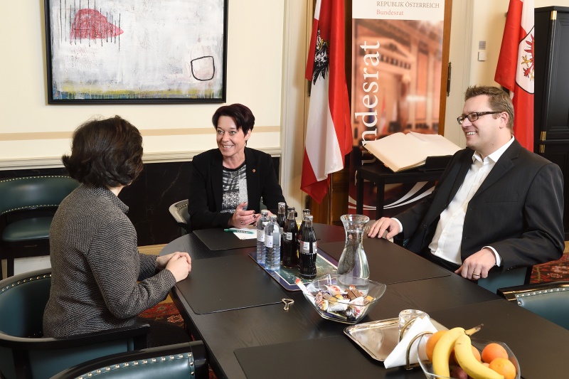 Von links: Präsidentin Ursula Frohner des Österreichischen Gesundheits- und Krankenpflegeverband, Bundesratspräsidentin Sonja Ledl-Rossmann (V), Vizepräsident Roland Nagel des Österreichischen Gesundheits- und Krankenpflegeverbandes