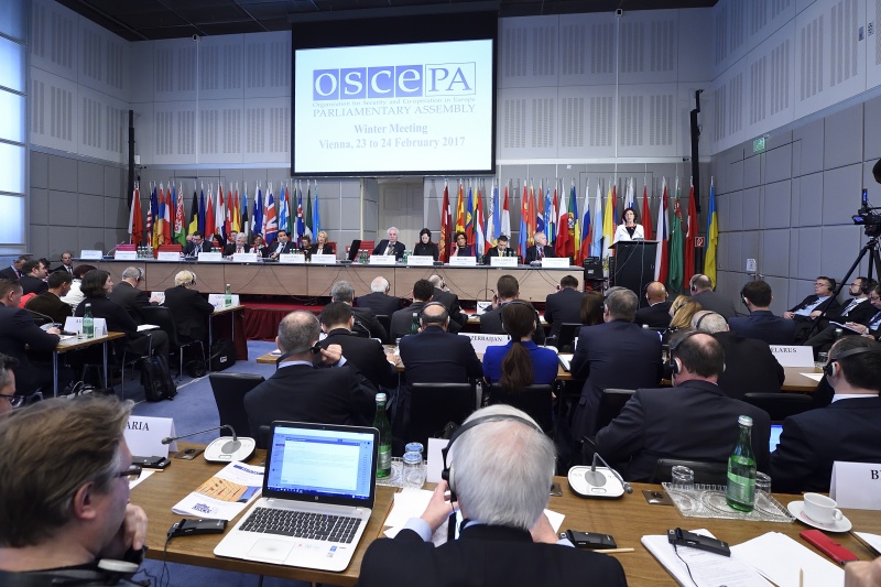 Von links: Präsidentin der Parlamentarischen Versammlung der OSZE und Nationalratsabgeordnete Christine Muttonen (S) bei der Begrüßung. Blick Richtung VeranstaltungsteilnehmerInnen