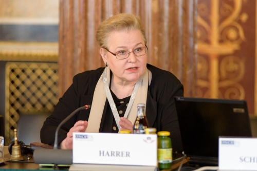 Panel Moderatorin Gudrun Harrer (Der Standard) bei der Vorstellung der Sprecherinnen zum Thema : 'Die Rolle der Frauen im Kampf gegen Extremismus und Terrorismus'