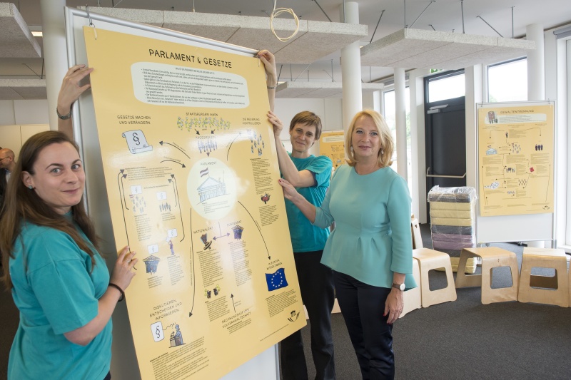 Von rechts: Nationalratspräsidentin Doris Bures (S), Anna Kohl,  Daniela Bogner in den neuen Räumlichkeiten der Demokratiewerkstatt