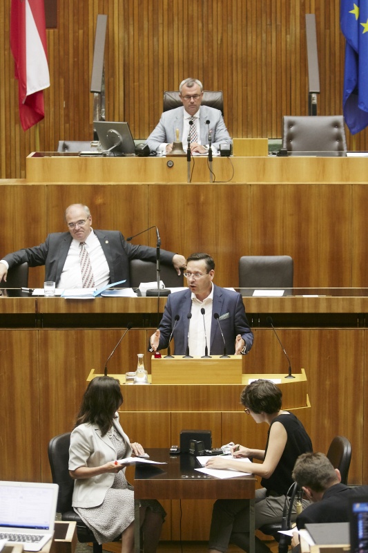 Nationalratsabgeordneter Hermann Brückl (F) am Rednerpult. Auf der Regierungsbank Vizekanzler Wolfgang Brandstetter (V). Am Präsidium Dritter Nationalratspräsident Norbert Hofer (F)
