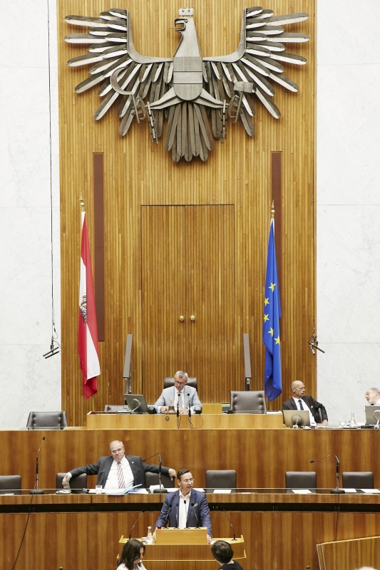 Nationalratsabgeordneter Hermann Brückl (F) am Rednerpult. Auf der Regierungsbank Vizekanzler Wolfgang Brandstetter (V). Am Präsidium Dritter Nationalratspräsident Norbert Hofer (F)