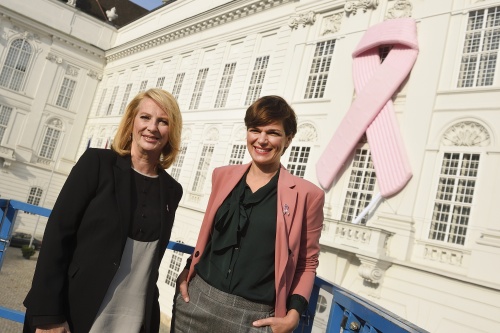 Von links: Nationalratspräsidentin Doris Bures (S)und Gesundheitsministerin Pamela Rendi-Wagner (S) vor dem Pink Ribbon