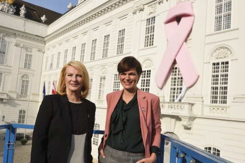 Von links: Nationalratspräsidentin Doris Bures (S)und Gesundheitsministerin Pamela Rendi-Wagner (S) vor dem Pink Ribbon