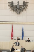 Am Rednerpult: Nationalratsabgeordneter Hans-Jörg Jenewein (F). Am Präsidium: Nationalratspräsidentin Doris Bures (S)