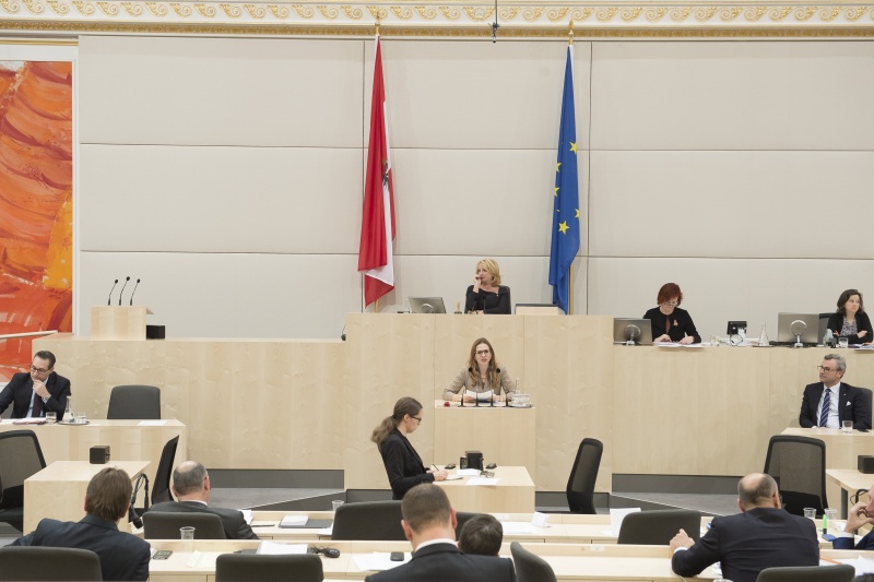 Am Rednerpult: Nationalratsabgeordnete Carmen Jeitler-Cincelli (V). Am Präsidium: Nationalratspräsidentin Anneliese Kitzmüller (F). Auf der Regierungsbank von rechts: Infrastrukturminister Norbert Hofer (F), Vizekanzler Heinz-Christian Strache (F)