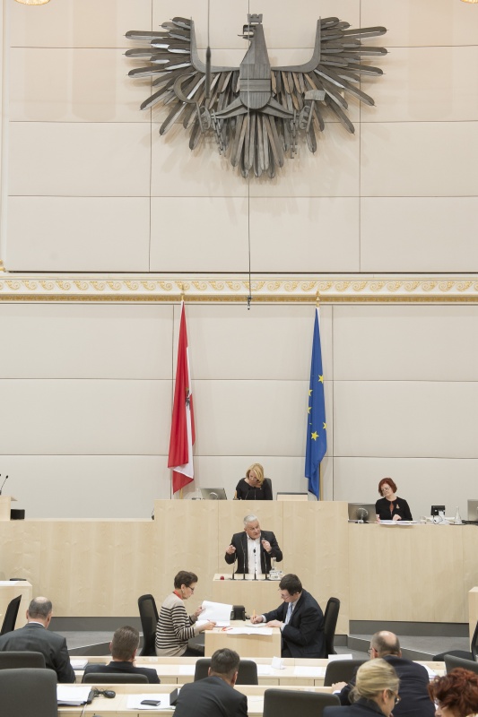 Am Rednerpult: Nationalratsabgeordneter Christian Lausch (F). Am Präsidium: Nationalratspräsidentin Doris Bures (S)