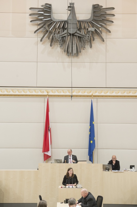 Am Rednerpult: Nationalratsabgeordnete Claudia Plakolm (V). Am Präsidium: Nationalratspräsident Wolfgang Sobotka (V)