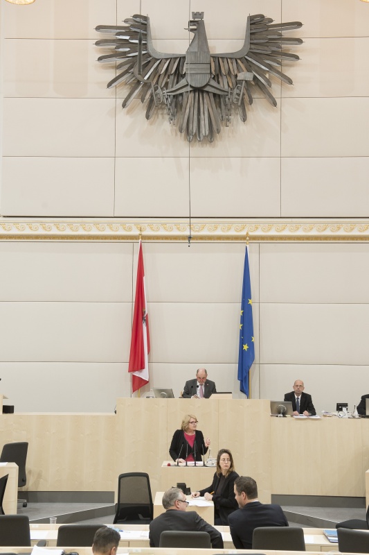 Am Rednerpult: Nationalratsabgeordnete Ruth Becher (S). Am Präsidium: Nationalratspräsident Wolfgang Sobotka (V)