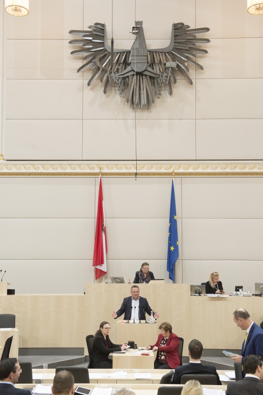 Am Rednerpult: Nationalratsabgeordneter Gerald Hauser (F). Am Präsidium: Nationalratspräsidentin Anneliese Kitzmüller (F)